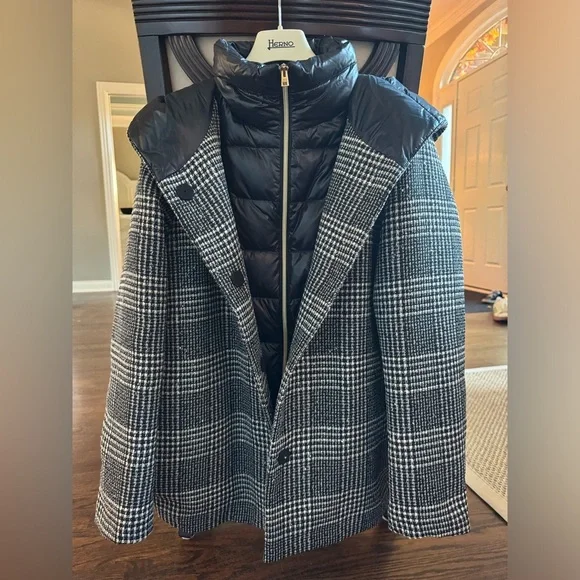 Herno Women’s Button Zip Front Glen Plaid Down Quilted Jacket Black White IT 46 - Picture 4 of 16